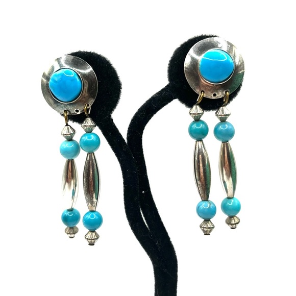 Sterling Silver 925 and Blue Turquoise Dangle Earrings Boho Southwest Earrings - Picture 1 of 9